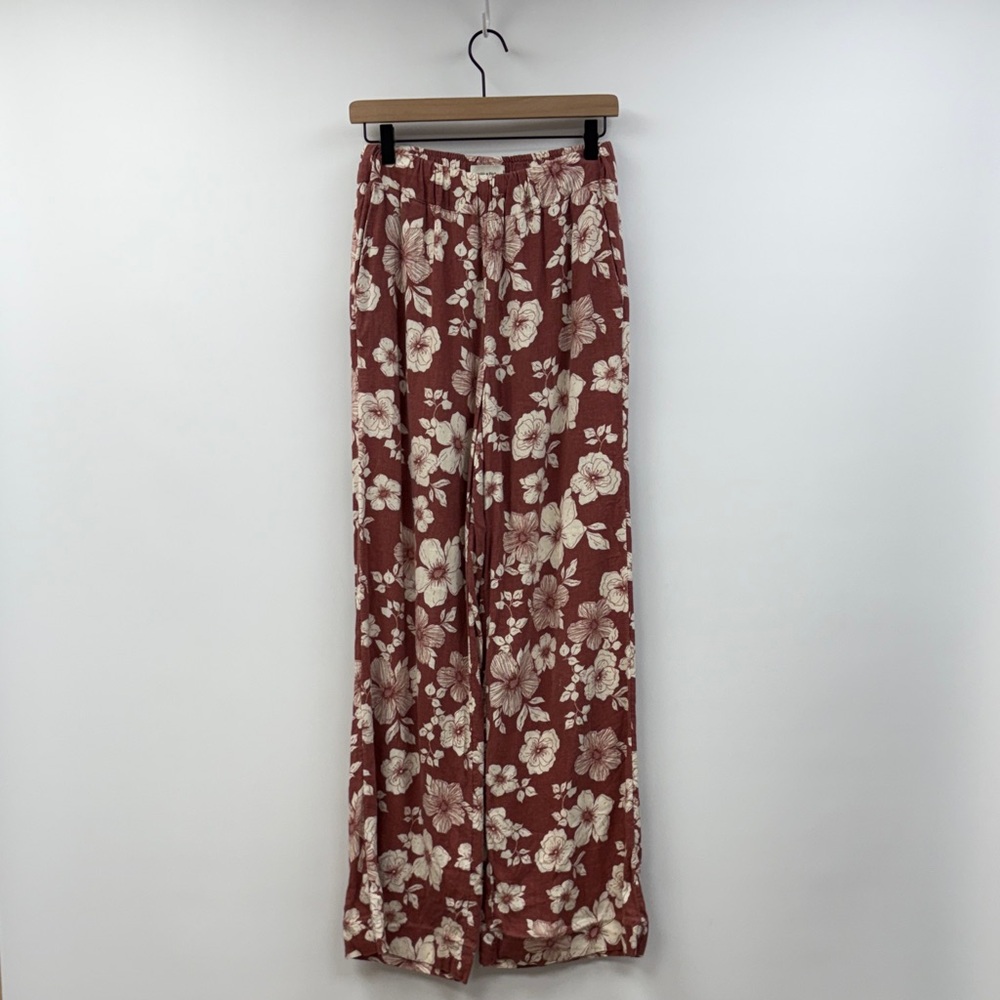 Abercrombie & Fitch Tall Floral Linen Pull-On Relaxed Wide Pant Mahogany Small - Picture 2 of 8
